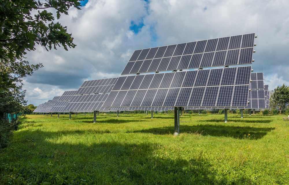 Panneaux solaires installés sur des trépieds dans un champ herbeux Panneaux solaires installés sur des trépieds dans un champ herbeux